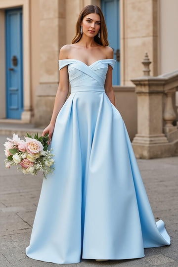 Satin A Line Off the Shoulder Court Train Sky Blue Wedding Dress